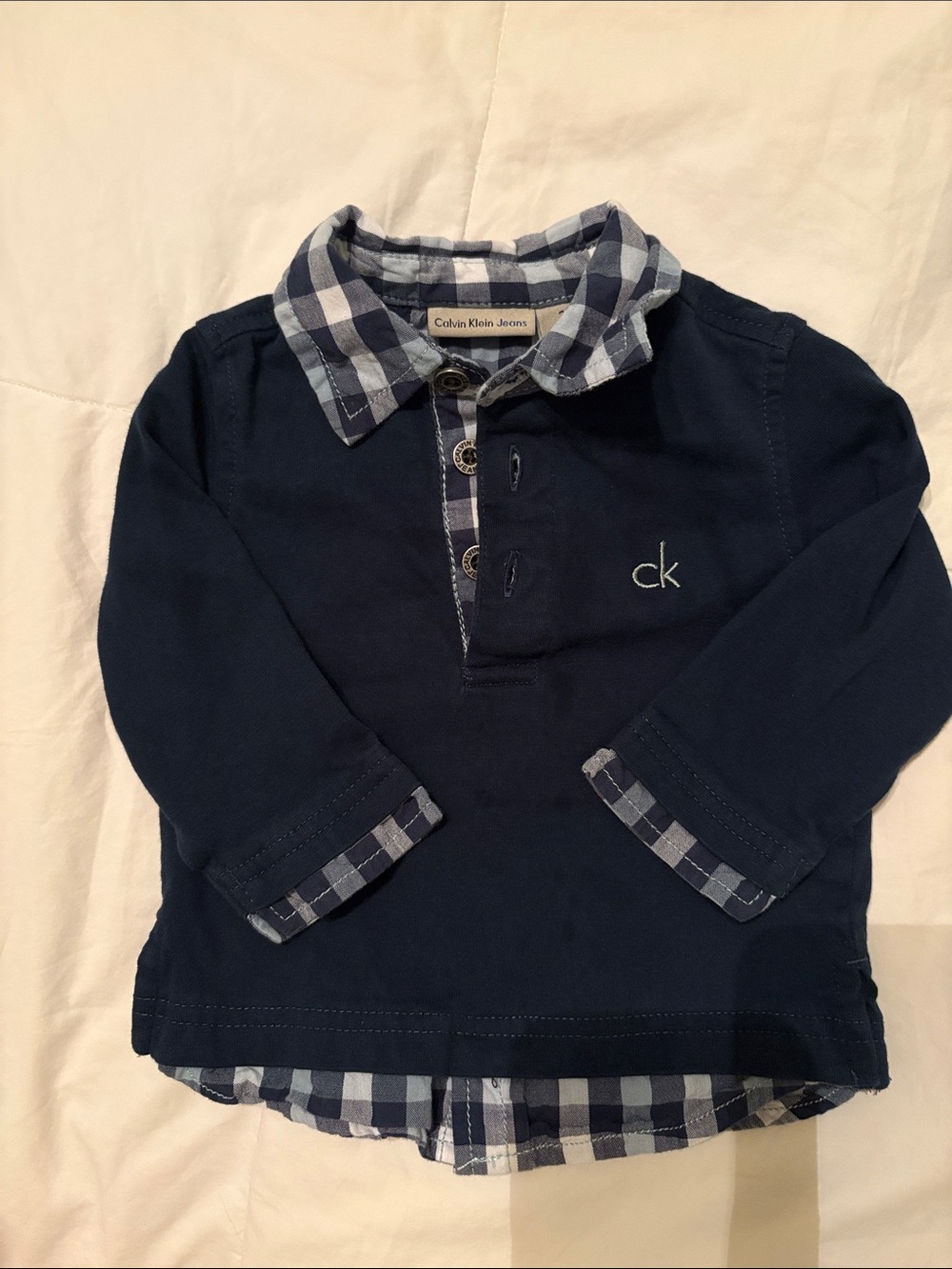 Calvin Klein Navy Polo with Blue-Check Collar